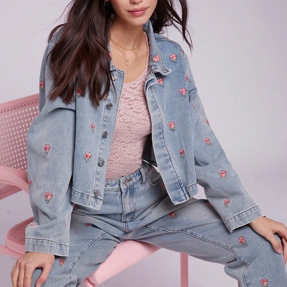 Jackets & Blazers - Blue Casual Women's Floral Embroidered Cropped Denim Jacket